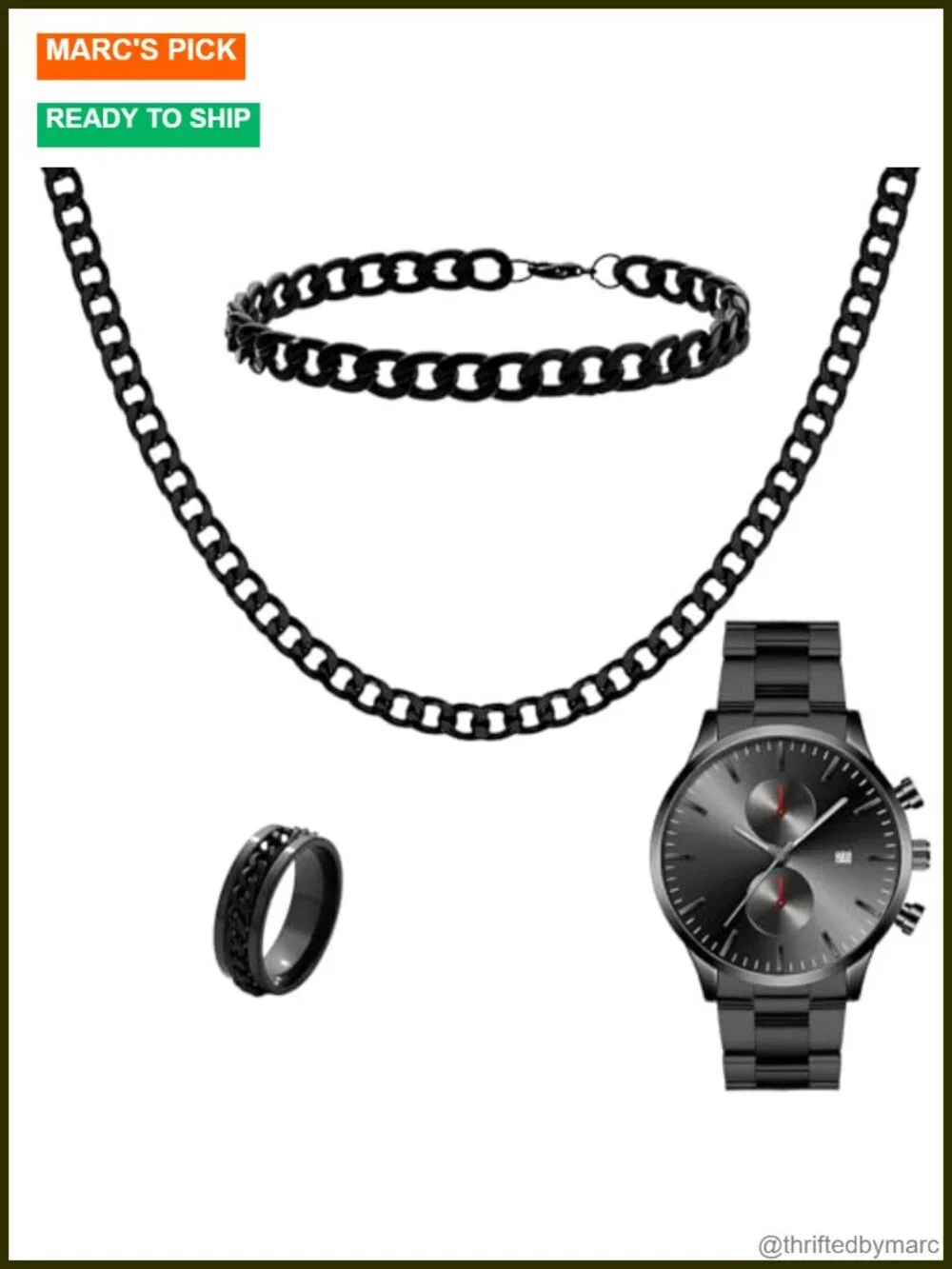 Men's Stainless Steel 4-Piece Jewelry Set with Watch Necklace Bracelet Ring